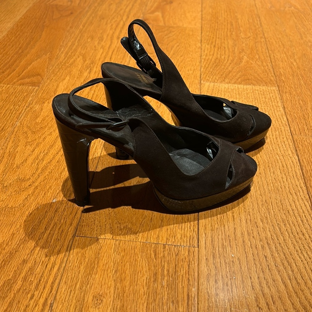 Brown suede open toed heels